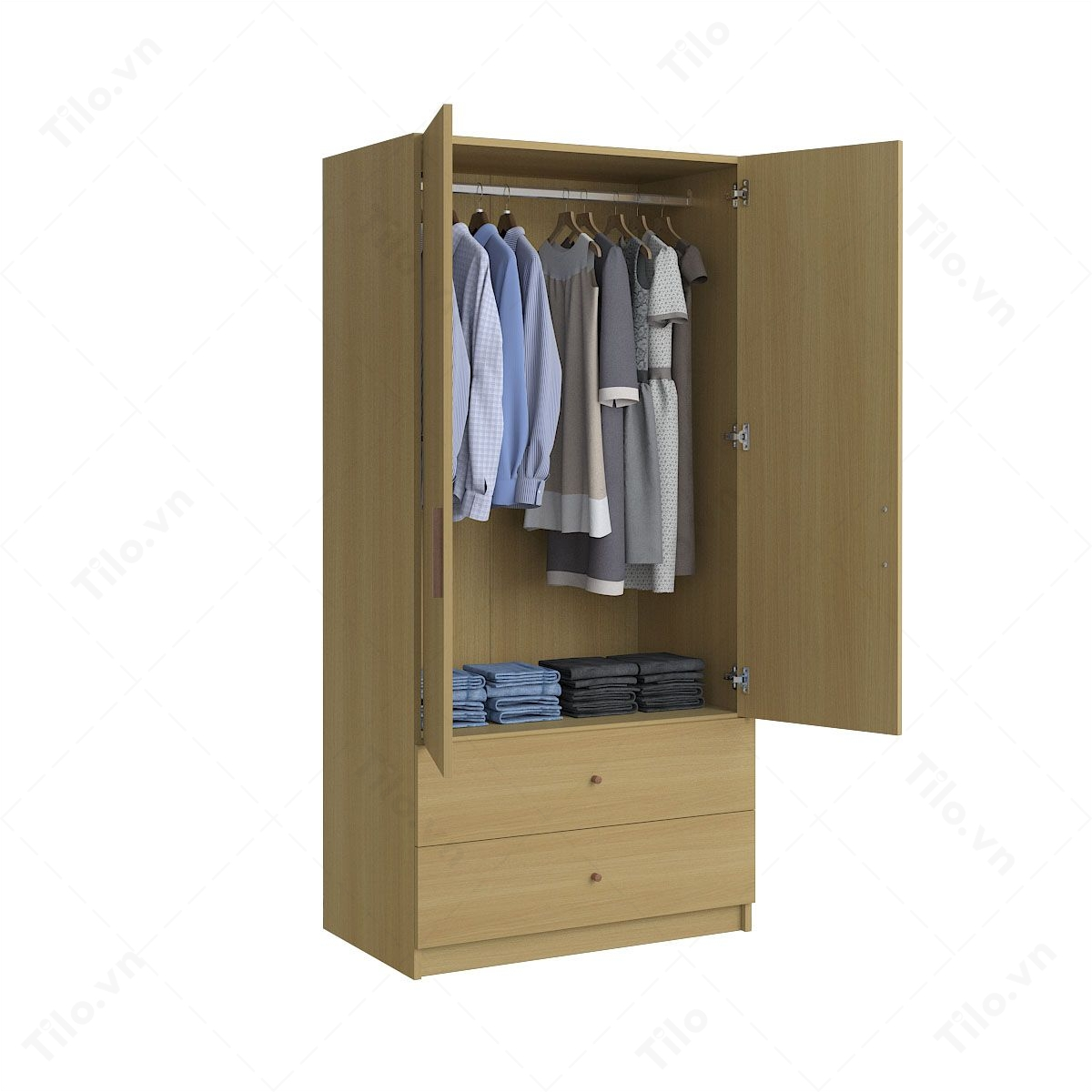 Mẫu tủ quần áo 2 cánh kèm 2 ngăn kéo tiện ích